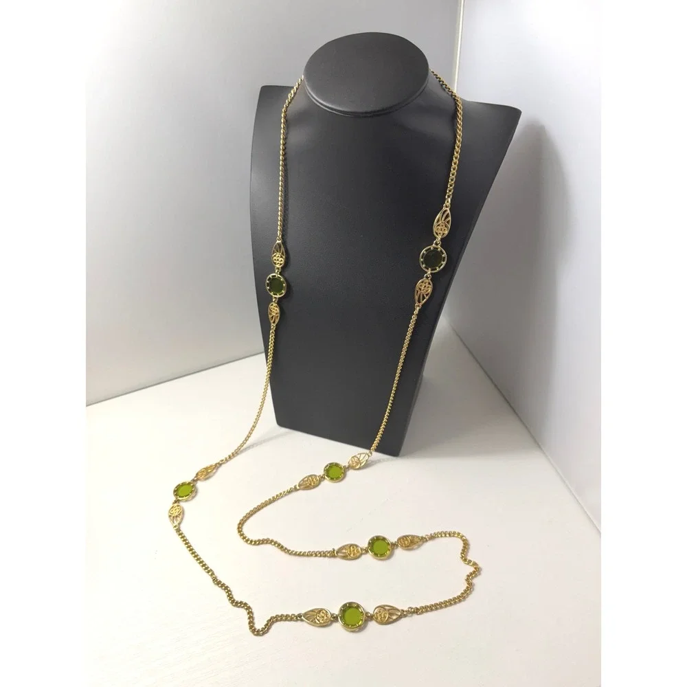 Vintage Necklace Long Opera Green Gold Tone Filigree 52